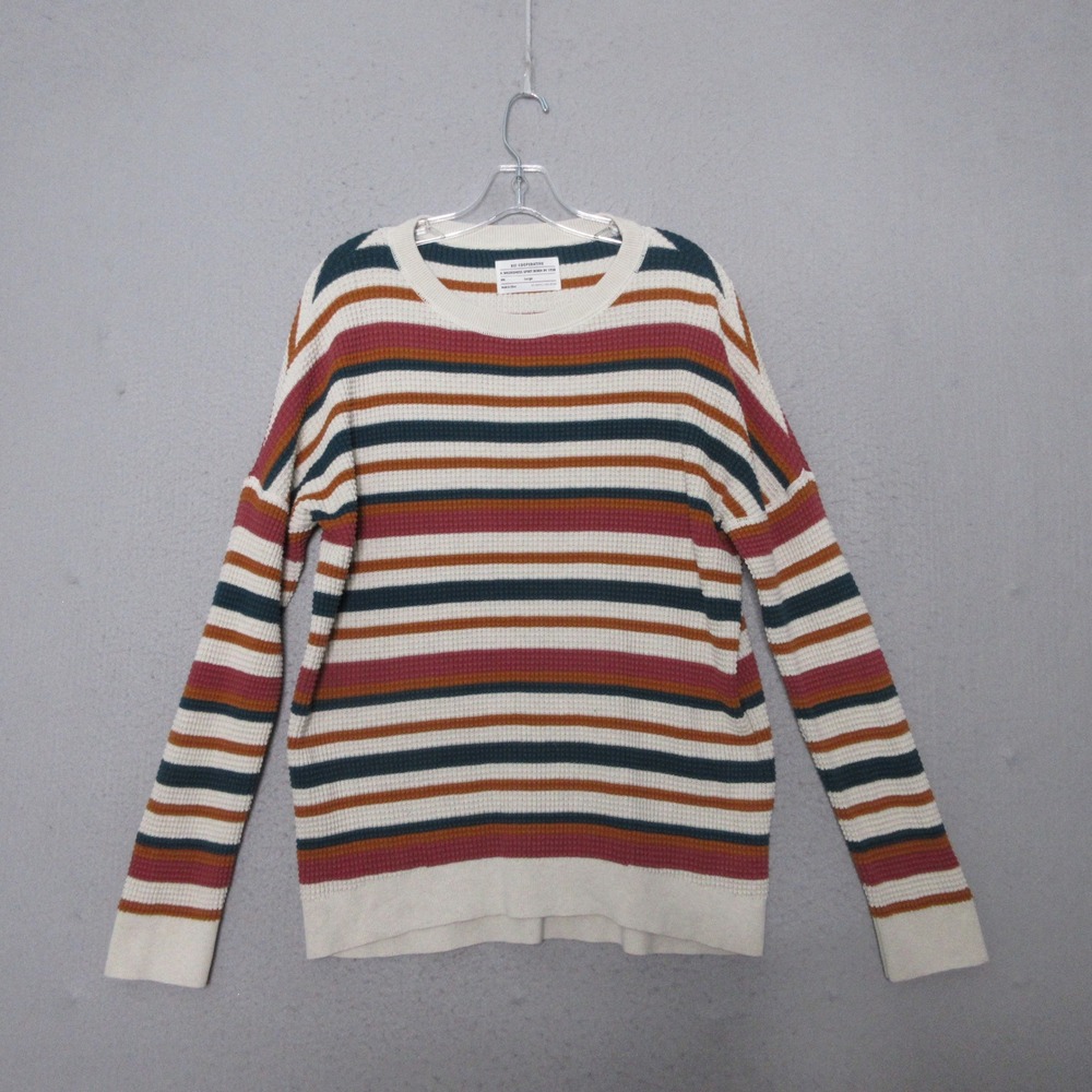 REI Cooperative Sweater Large Waffle Knit Rainbow Stripe Cotton Colorful Cabin